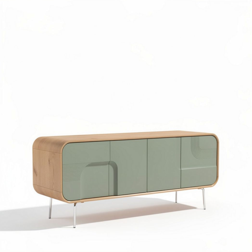 Wooden sideboard in green and natural finish 145 x 40 x 70cm