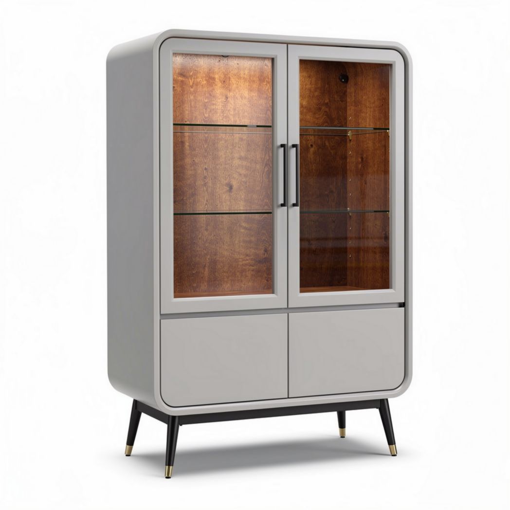 Glass door cabinet with wooden interior in gray and brown 80 x 40 x 120cm