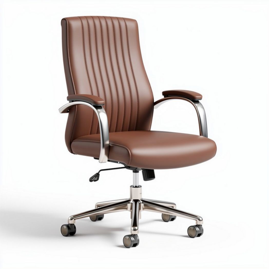 Brown leather office chair with height adjustment and chrome accents 60 x 60 x 110cm