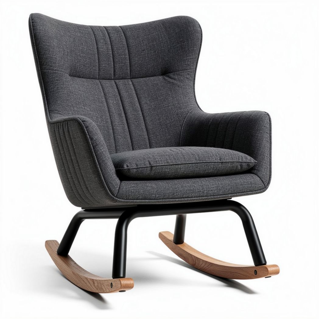 Rocking chair in gray fabric with wooden base and modern design 80 x 70 x 90cm