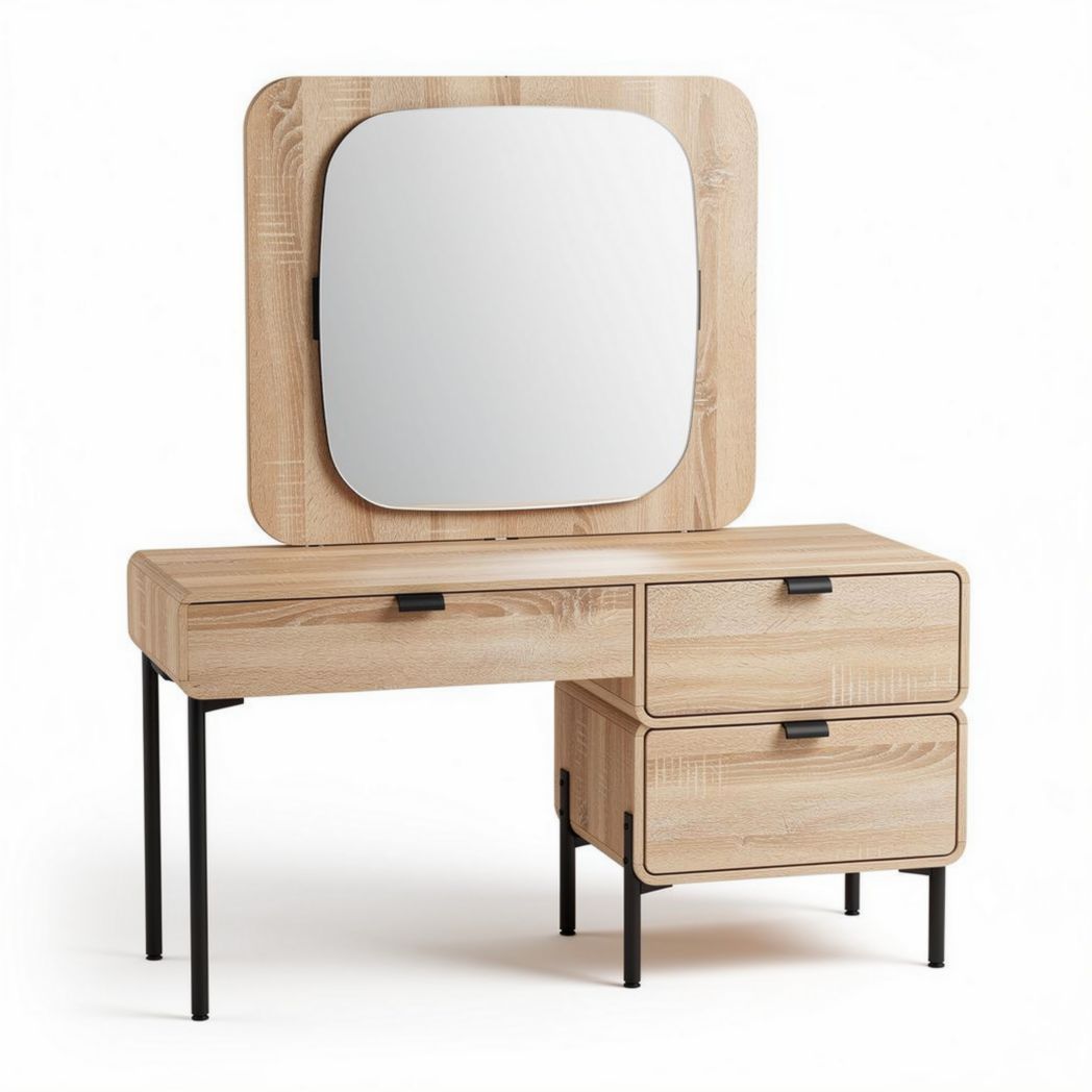 Wooden vanity table with mirror and storage drawers in natural finish 100 x 40 x 140cm
