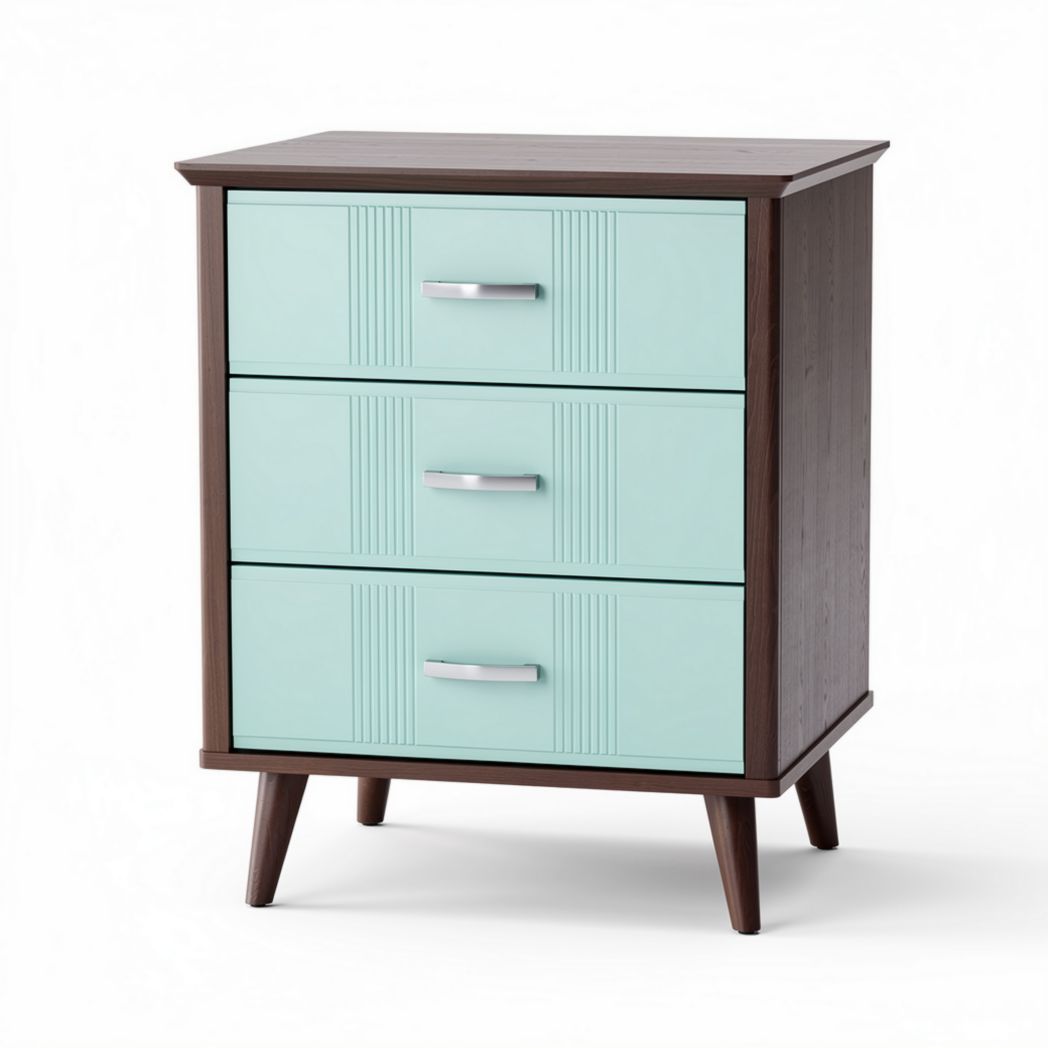 Three-drawer nightstand with mint green accents and wooden legs 40 x 40 x 70cm