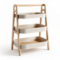 Three-tiered storage rack with wooden frame and beige plastic bins 60 x 40 x 90cm