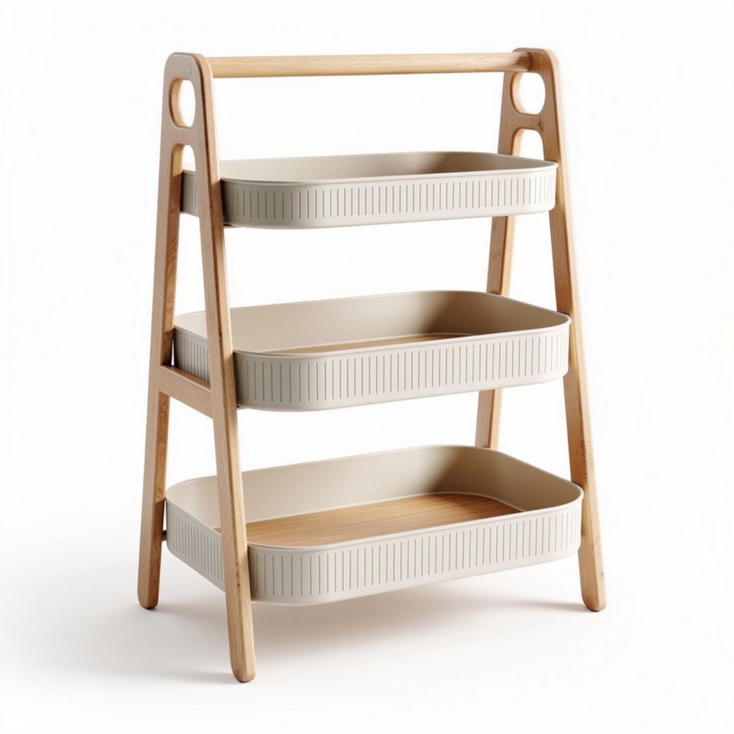Three-tiered storage rack with wooden frame and beige plastic bins 60 x 40 x 90cm