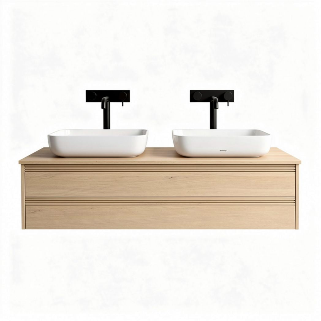 Dual basin wooden vanity cabinet with storage in natural finish 120 x 50 x 45cm