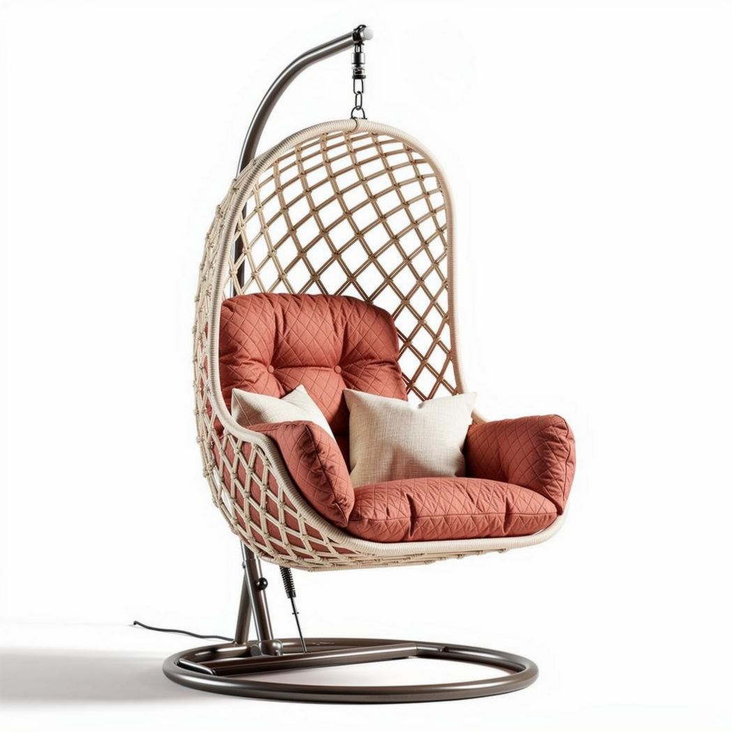 Hanging rattan chair with metal frame and cushions in coral pink 90 x 70 x 120cm