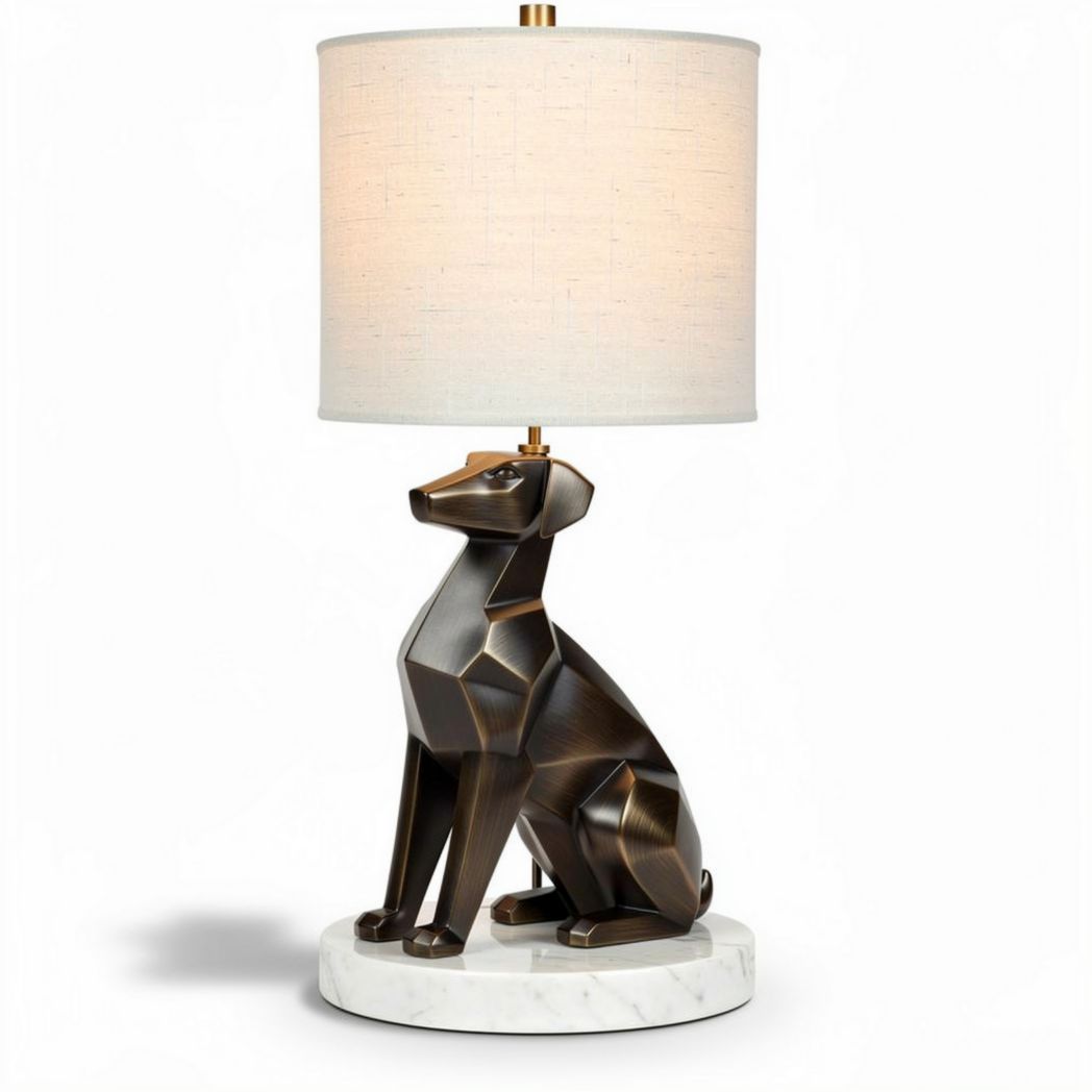 Dog-shaped table lamp with linen shade and marble base 30 x 30 x 60cm