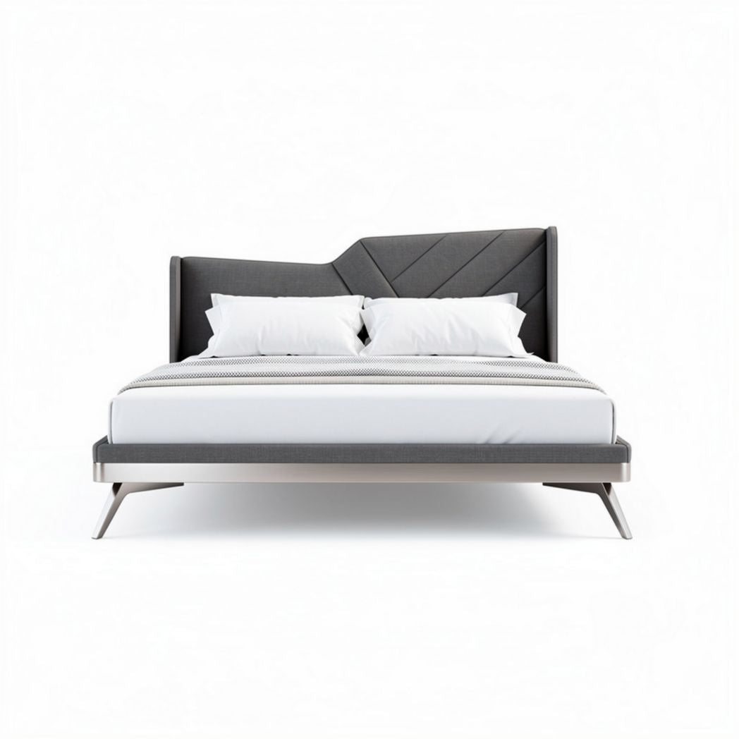 Modern upholstered queen size bed with geometric headboard design and metal legs