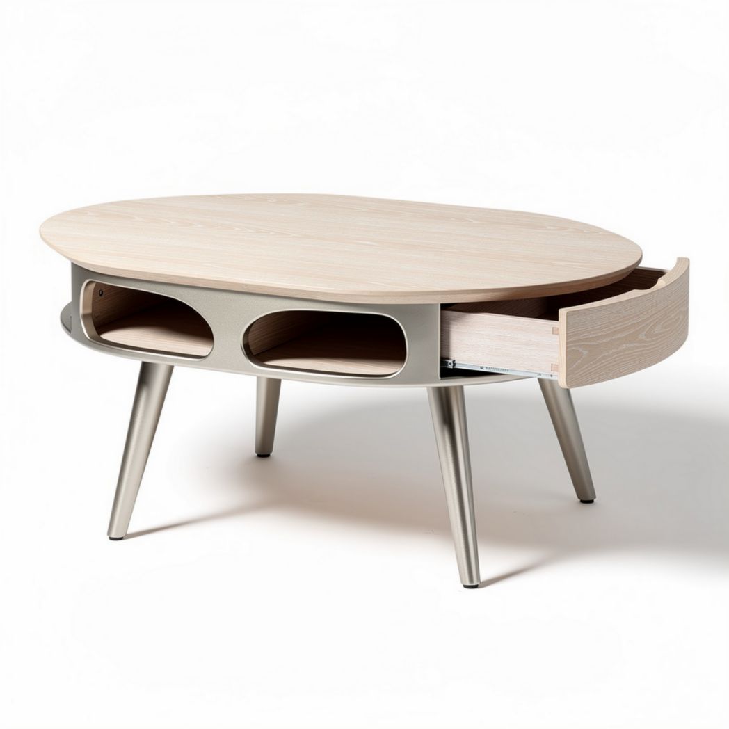 Wooden oval coffee table with metal legs and storage drawer 100 x 60 x 45cm
